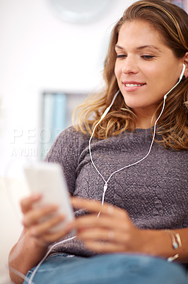 Buy stock photo Woman, home and earphones for music or relax with podcast, audio technology for wellness. Female person, playlist and headphones in house for happiness with smartphone, listening online for new sound