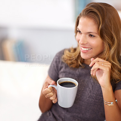 Buy stock photo Woman, smile and thinking in home with coffee for morning, planning and vacation in summer. House, relax and happy female person with warm beverage for idea, peace and stress relief in high angle