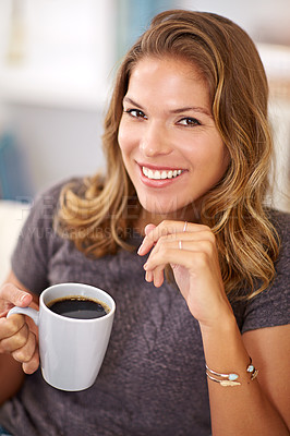 Buy stock photo Happy, woman and portrait in home with coffee for morning peace, holiday and vacation in summer. Smile, relax and female person with warm beverage for weekend joy, stress relief and satisfaction