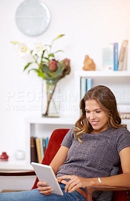 Buy stock photo Woman, search or tablet in home to relax on sofa with internet connection for streaming video or movie online. Smile, blog or girl reading news on social media or technology for subscription on couch