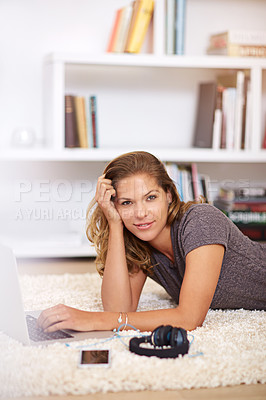 Buy stock photo Laptop, student and woman on floor for elearning, education and studying in home living room. Portrait, online lecture and learning for university on carpet, female person and relax for course work