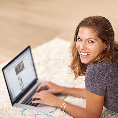 Buy stock photo Portrait, research or happy woman on laptop in house to relax for streaming film, video or movie online. Smile, website screen or girl on social media app, blog or technology for subscription in home