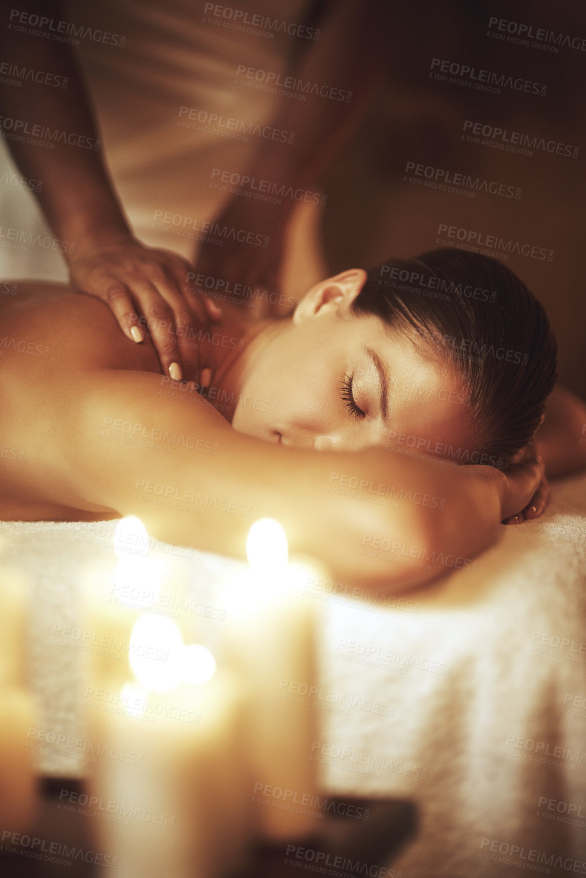 Buy stock photo Hands, sleep and woman for massage in spa for wellness, pamper treatment and hospitality. Peace, body session or luxury service with physical therapy on vacation, holiday or female client in Thailand