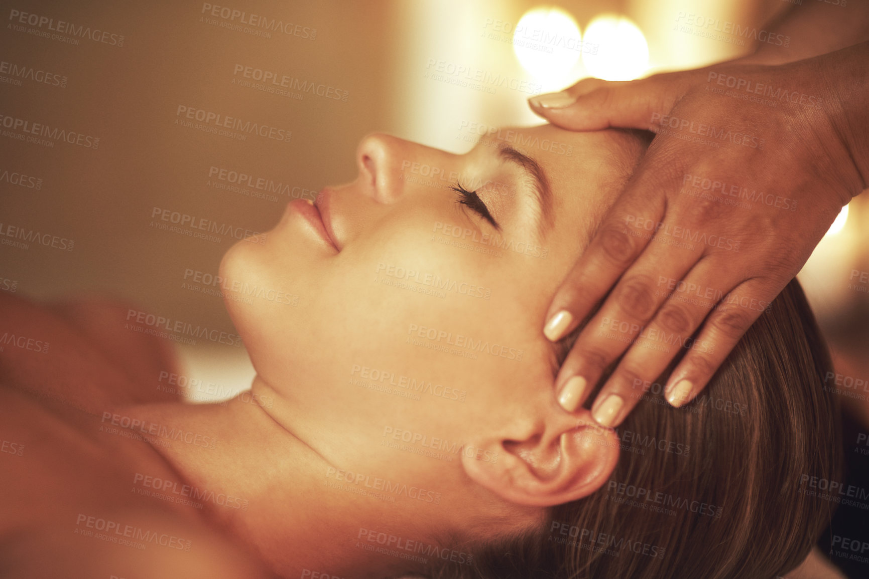 Buy stock photo Hands, woman and head massage at spa for wellness, health or relax for hospitality at resort. Masseuse, client and care for scalp, headache treatment and physical therapy for healing at luxury salon