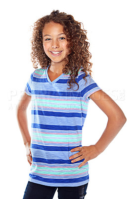 Buy stock photo Studio portrait of a young girl posing against a white background