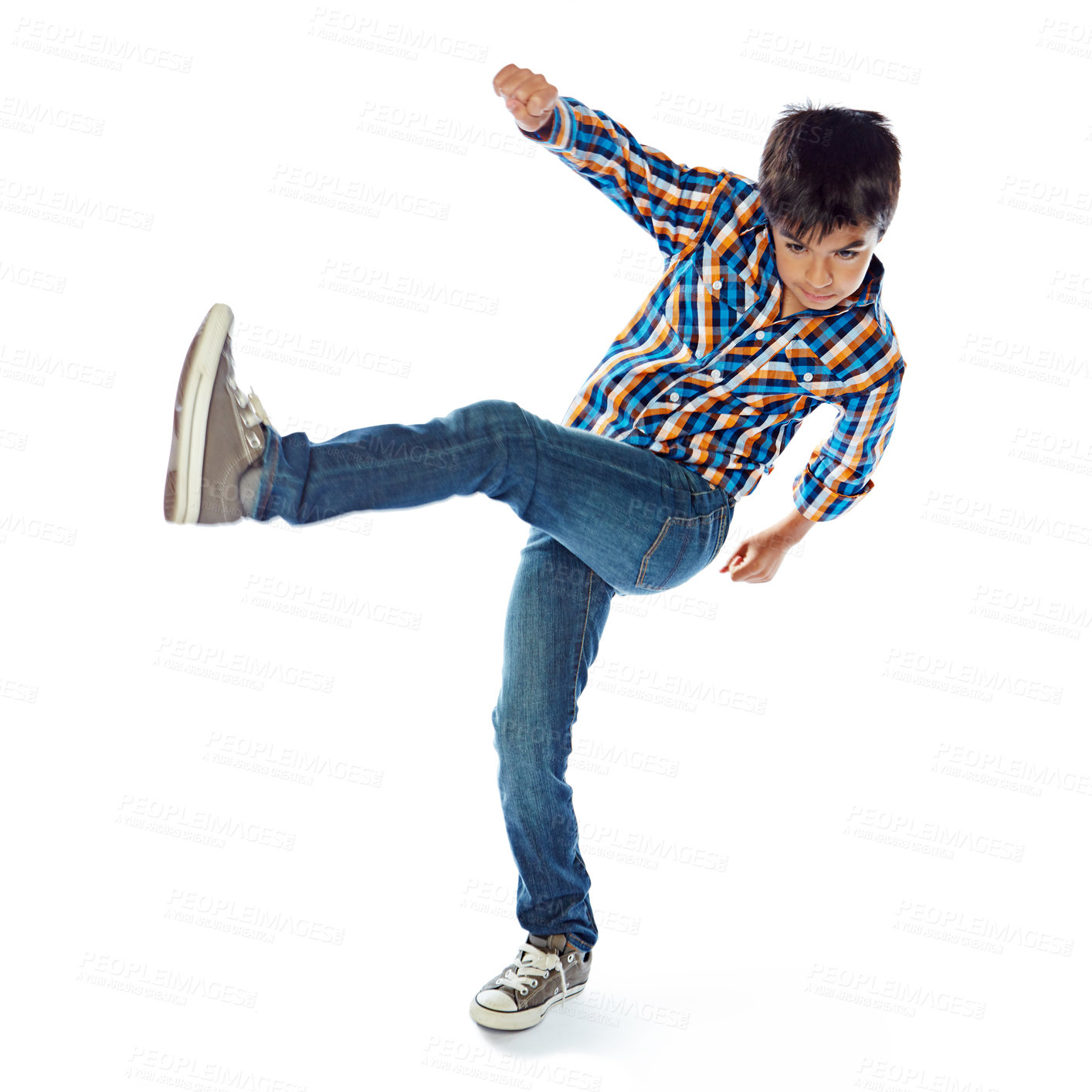 Buy stock photo Studio shot of a young boy dancing against a white background