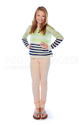 Buy stock photo Studio portrait of a young girl posing against a white background