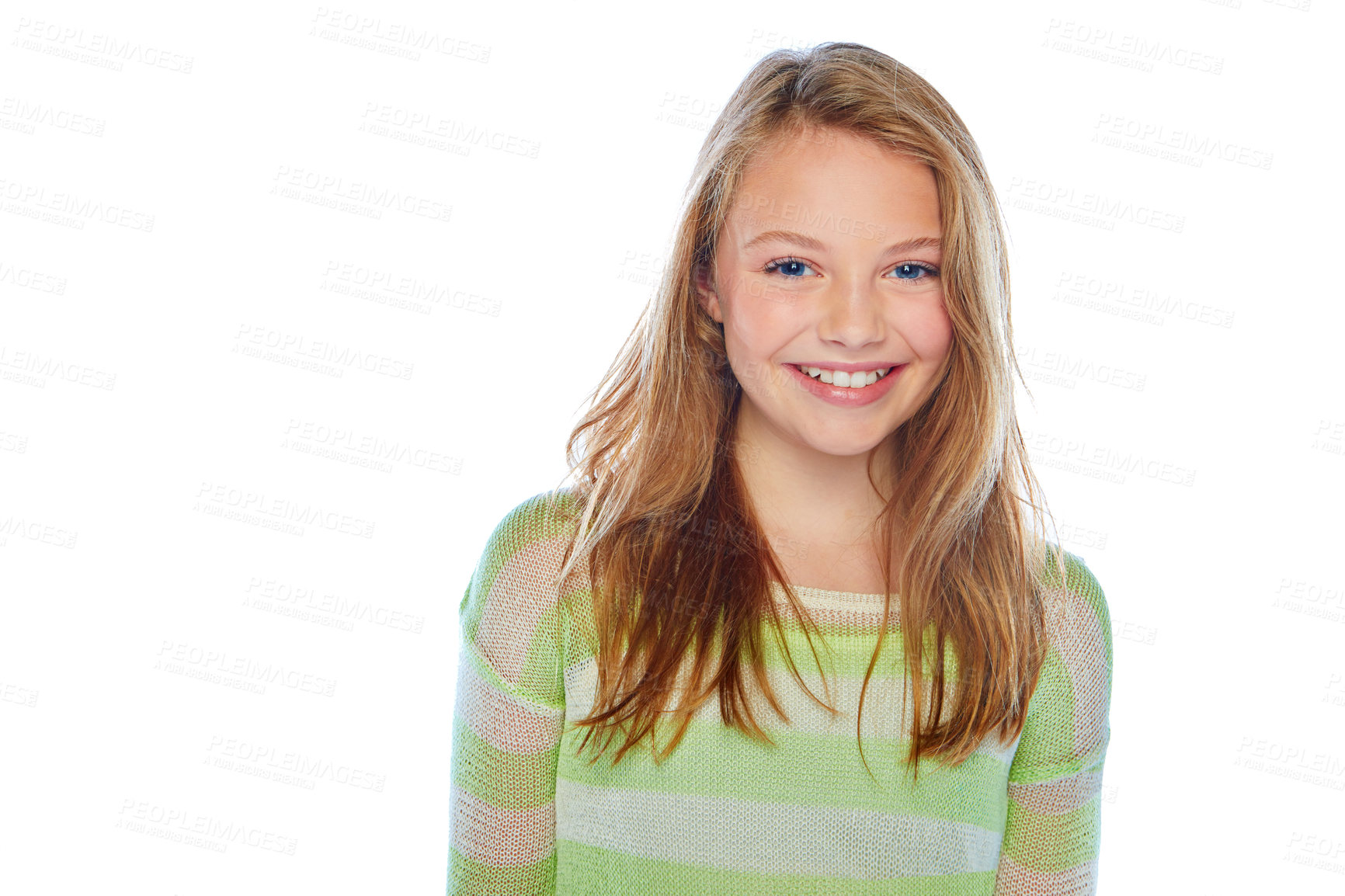 Buy stock photo Studio portrait of a young girl posing against a white background