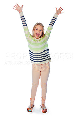 Buy stock photo Studio shot of a young girl cheering enthusiastically against a white background
