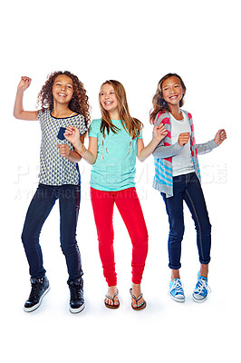 Buy stock photo Studio shot of a group of young friends having fun against a white background