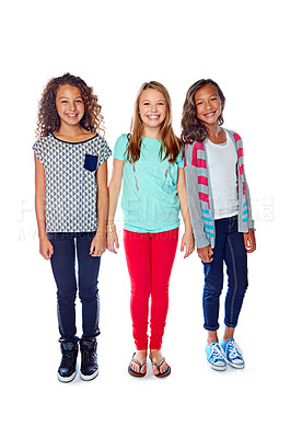 Buy stock photo Studio portrait of a group of young friends posing against a white background