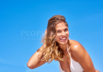 Buy stock photo Happy, girl and portrait with bikini for blue sky of vacation, travel location, summer peace and calm morning. Smile, woman and pride for carefree break, swimwear and excited of holiday outdoor