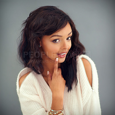 Buy stock photo Black girl, portrait and question in studio for fashion or beauty with cosmetics, clothes and modern or trendy winter style. African woman, smile and grey background with makeup, glow and aesthetics.