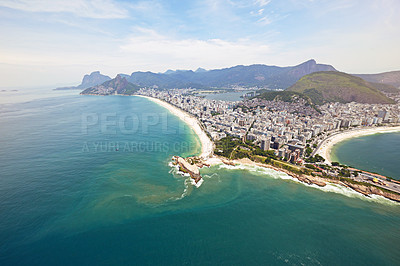 Buy stock photo Aerial view, ocean and buildings in city, mountain and architecture in Brazil, tourism and destination. Morning, above and travel in Rio De Janeiro, water and outdoor for vacation and explore