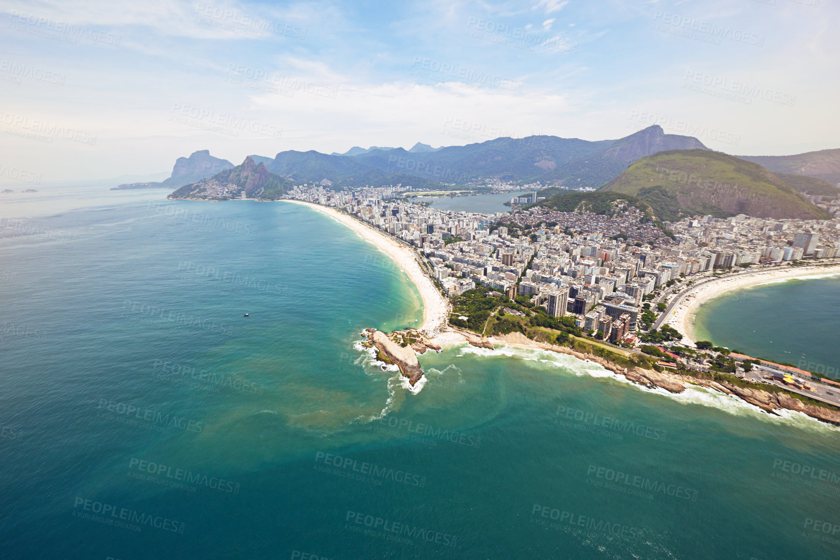 Buy stock photo Aerial view, ocean and buildings in city, mountain and architecture in Brazil, tourism and destination. Morning, above and travel in Rio De Janeiro, water and outdoor for vacation and explore