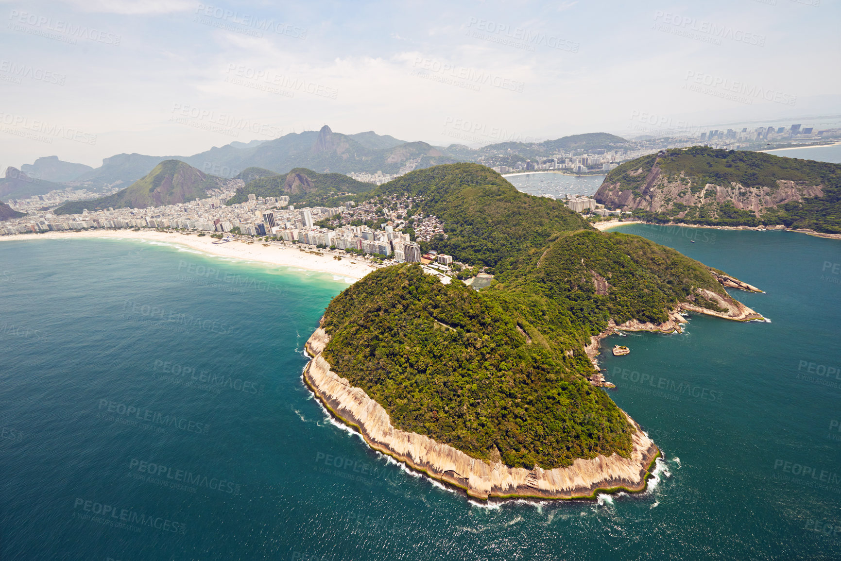 Buy stock photo Aerial view, water and buildings in city, nature and architecture in Brazil, tourism and destination. Morning, above and outdoor in Rio De Janeiro, ocean and explore in vacation and mountain in sea