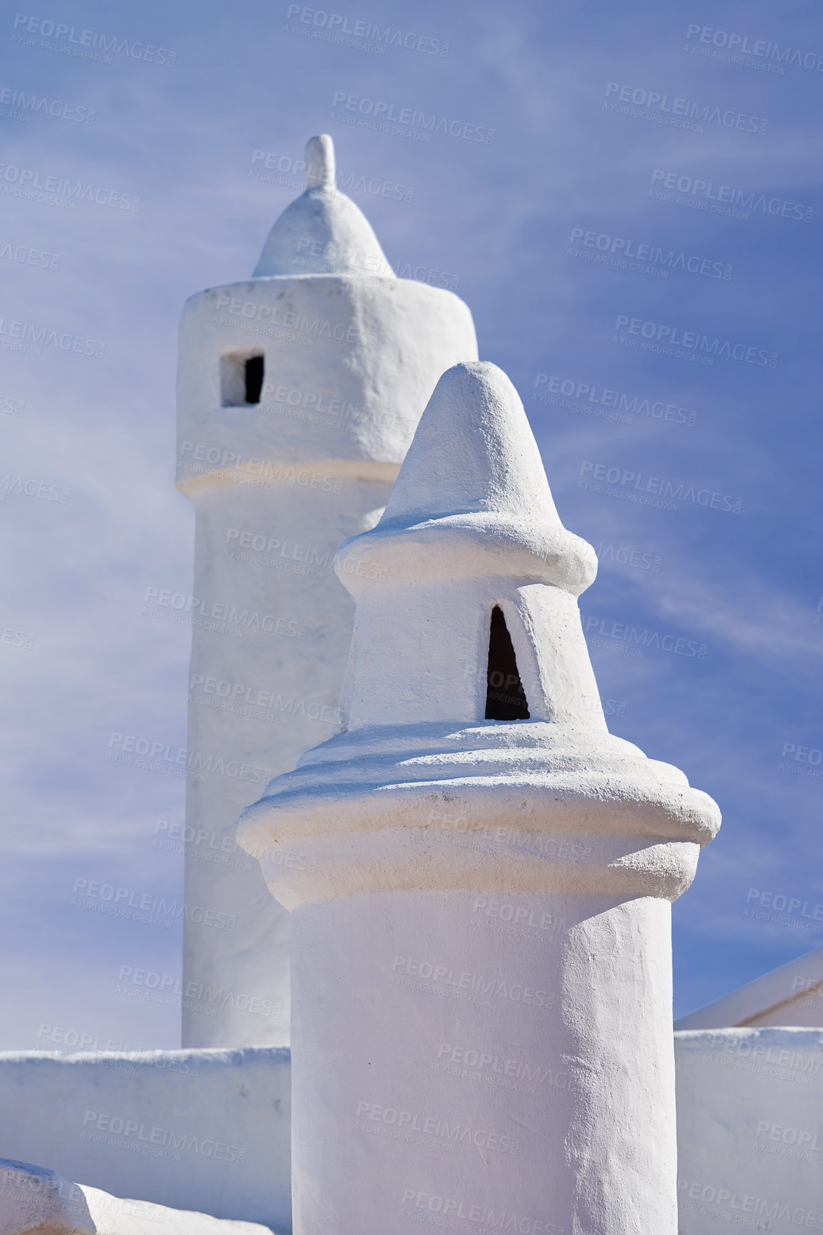 Buy stock photo Building, ventilation and tiles with chimney, architecture and blue sky for rooftop with aesthetic. Culture, heritage and terracotta with sustainability, insulation or eco friendly clay roof in Spain