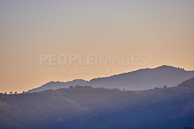 Buy stock photo Nature, landscape and sunrise on mountain in Spain for environment, travel and scenic destination. Natural background, wallpaper and hills, sky and sunshine in countryside, outdoors and terrain