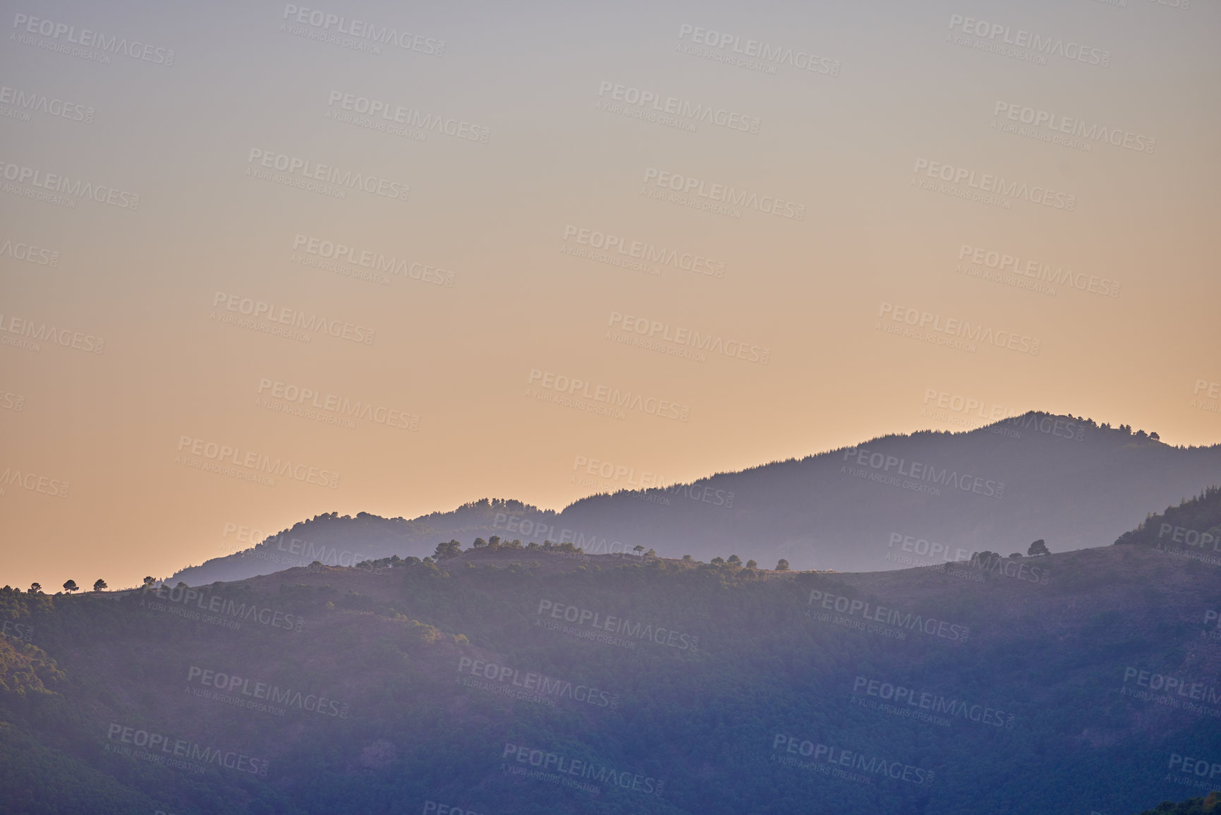 Buy stock photo Nature, landscape and sunrise on mountain in Spain for environment, travel and scenic destination. Natural background, wallpaper and hills, sky and sunshine in countryside, outdoors and terrain