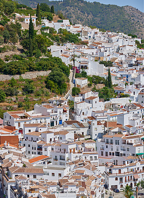 Buy stock photo Panoramic, view and city on hill with architecture, skyline and coastal town in Spain with house. Development, holiday and vacation destination with tourism in Europe with village and travel on trip