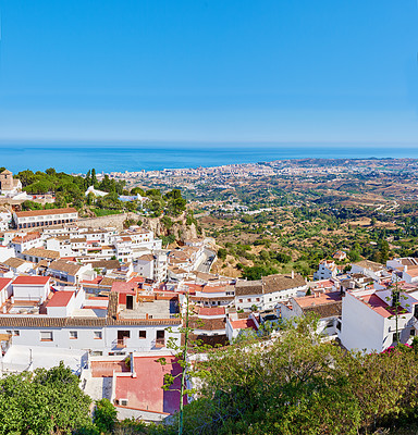 Buy stock photo Mountain, city and travel with buildings, nature and Mijas with tourism, Andalusia and Spain. Empty, outdoor and luxury home for summer holiday, destination or vacation with architecture or landscape