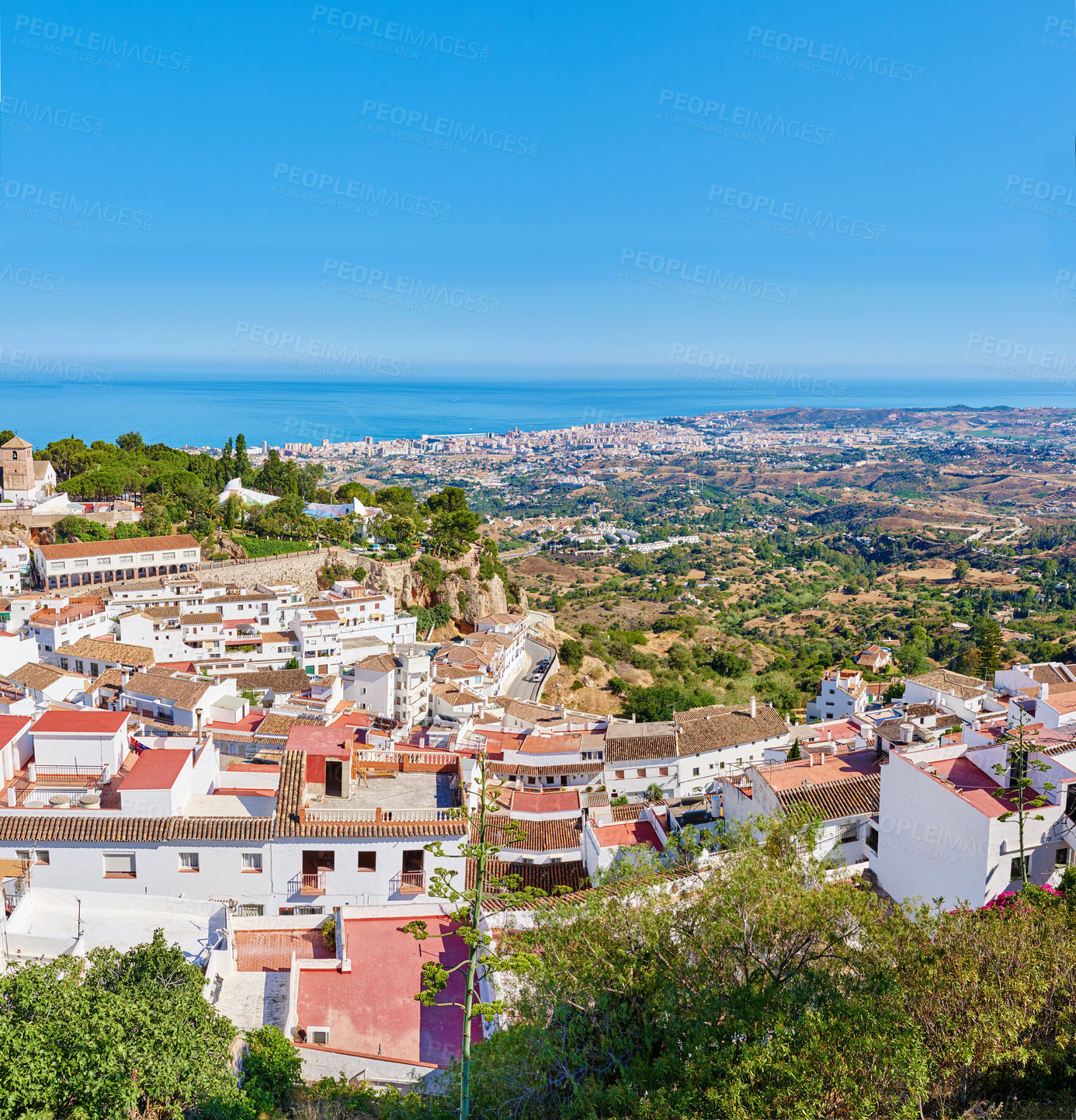 Buy stock photo Mountain, city and travel with buildings, nature and Mijas with tourism, Andalusia and Spain. Empty, outdoor and luxury home for summer holiday, destination or vacation with architecture or landscape