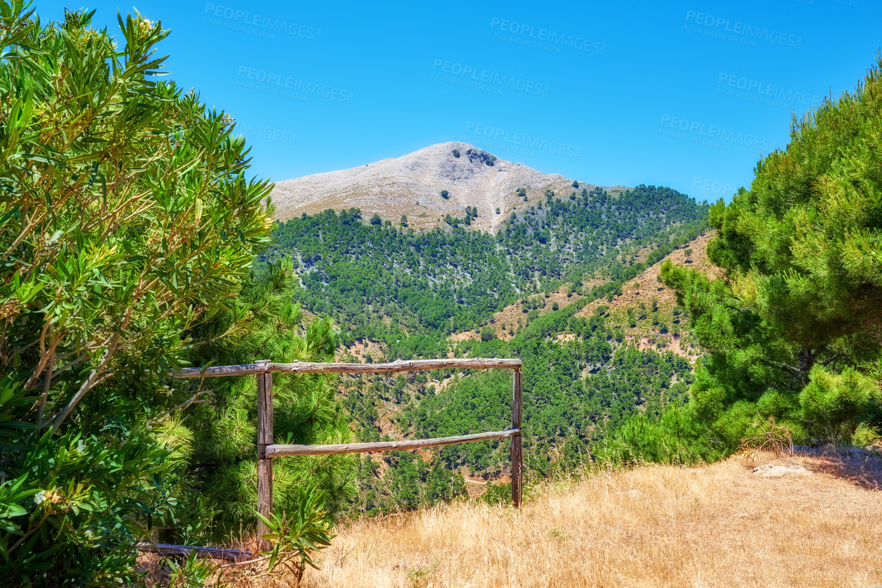 Buy stock photo Landscape, mountain and fence in nature for wallpaper, ecology and healthy environment in Spain. Trees, valley and geology in Ronda for habitat creation, forest or green in countryside for background