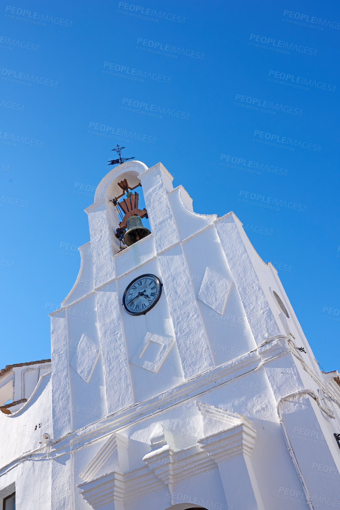 Buy stock photo Ancient, church and architecture building for blue sky of vintage travel, religious location and history pilgrimage. Above, traditional design and cultural structure, worship clock and Spain faith