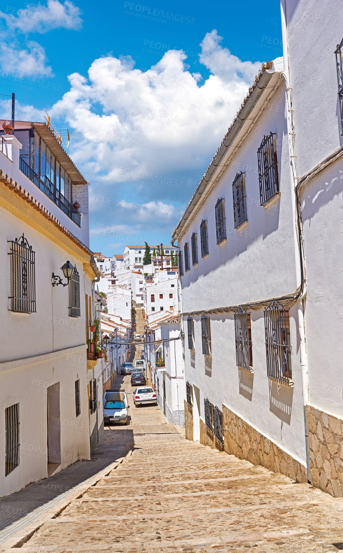 Buy stock photo Ancient, buildings and architecture for narrow street of village travel, history tourism and vintage location. Urban, neighborhood and city with traditional culture, holiday and destination in Spain