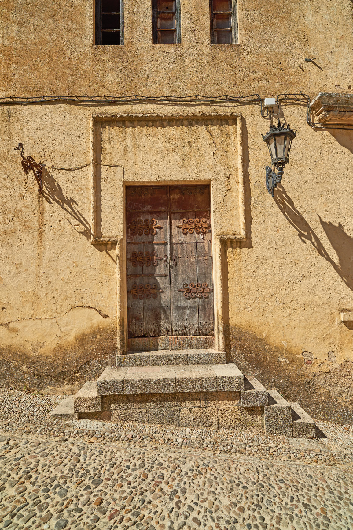 Buy stock photo Steps, ancient and outdoor architecture on vacation, Europe summer and historical culture on getaway. Stairs, vintage and traditional building in destination, tourism and urban holiday in Ronda