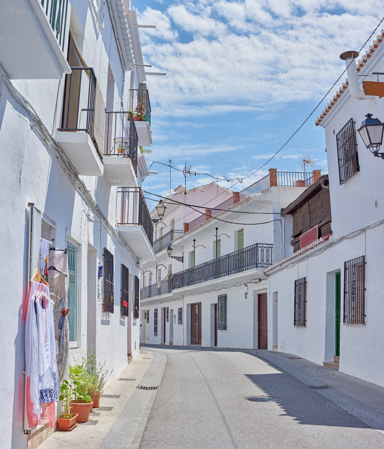 Buy stock photo Road, village and outdoor architecture on vacation, Europe summer and historical culture on getaway. Street, city and traditional buildings in destination, location and urban holiday in Frigiliana