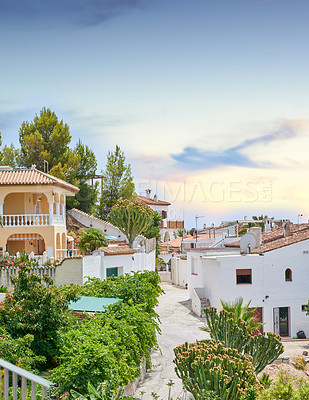 Buy stock photo City, travel and outdoor for weekend trip, Europe summer and trees for peace in village. Buildings, architecture and culture in Frigiliana for tourism, holiday and historical environment on vacation