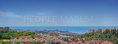 Buy stock photo Outdoor, architecture and village in nature, panoramic and building of home, sky and neighbourhood. Landscape, travel and peace of countryside, property and history of real estate, scenery and Spain