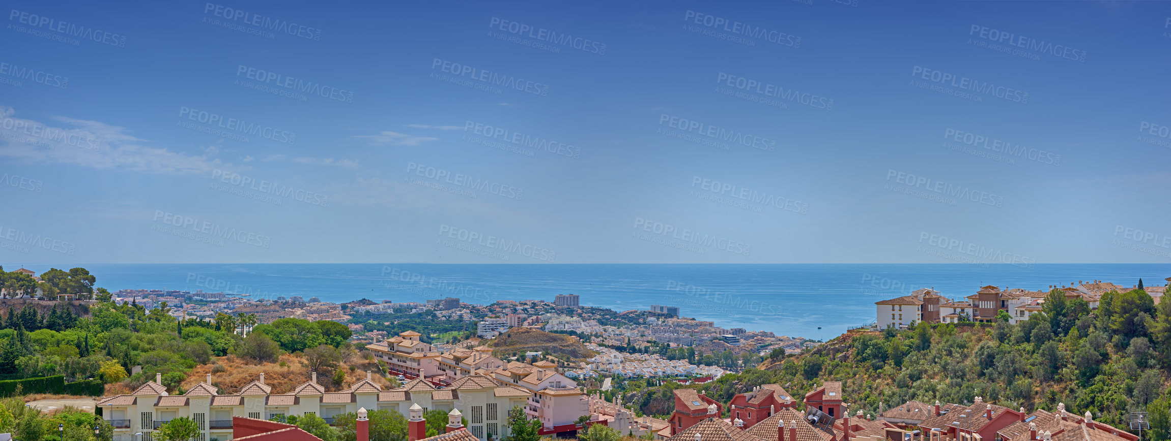 Buy stock photo Outdoor, architecture and village in nature, panoramic and building of home, sky and neighbourhood. Landscape, travel and peace of countryside, property and history of real estate, scenery and Spain