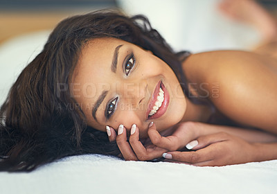 Buy stock photo Shot of a gorgeous young woman posing seductively in her bedroom