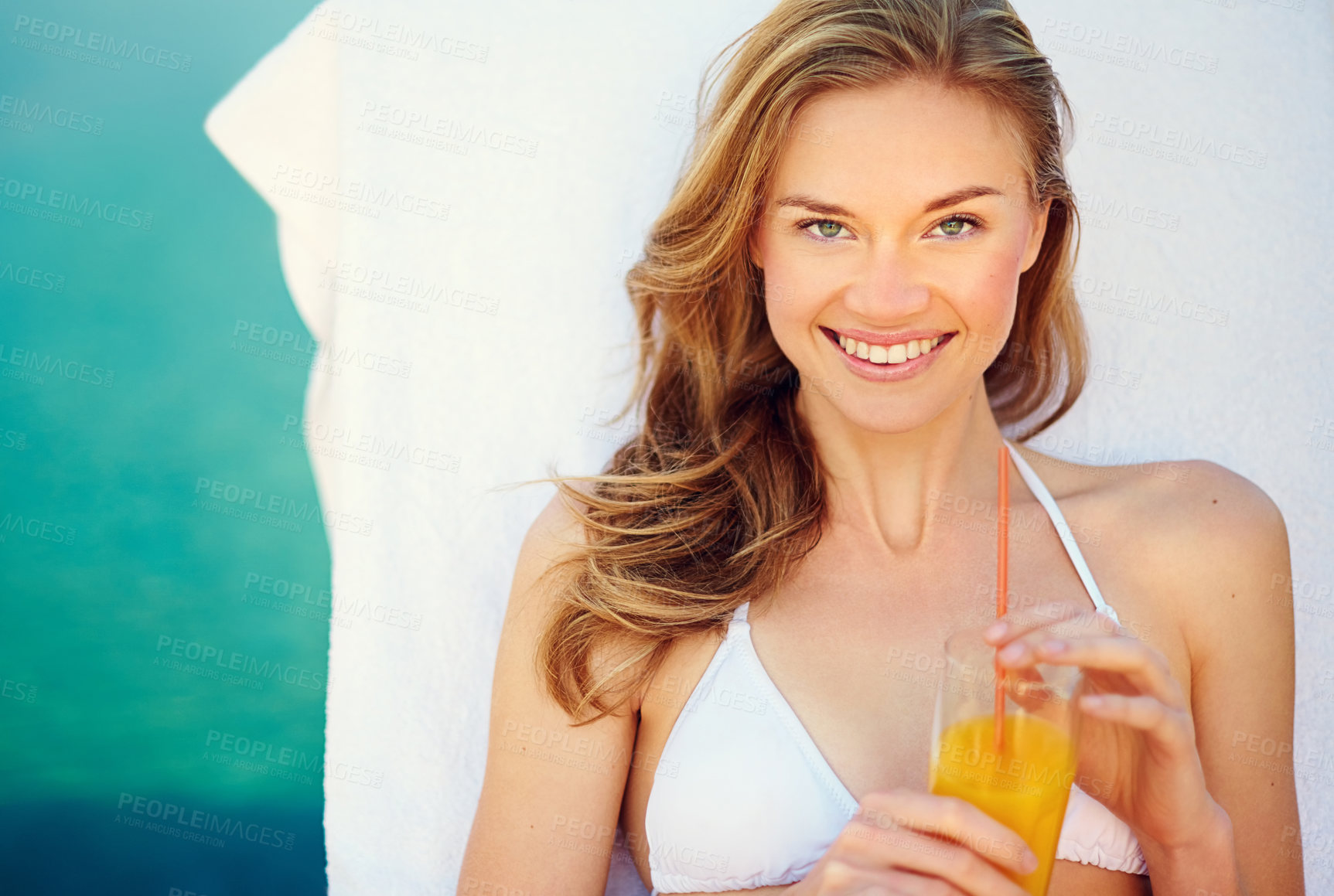 Buy stock photo Woman, juice and relax by swimming pool and lounge chair for summer holiday or tropical vacation. Above portrait of person or tourist by hotel with healthy drink, cocktail or alcohol at outdoor break