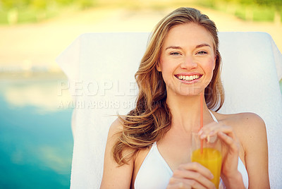 Buy stock photo Woman, juice and portrait by swimming pool on lounge chair on summer holiday or tropical vacation. Young person or tourist in bikini by hotel with healthy drink, cocktail or alcohol for outdoor break