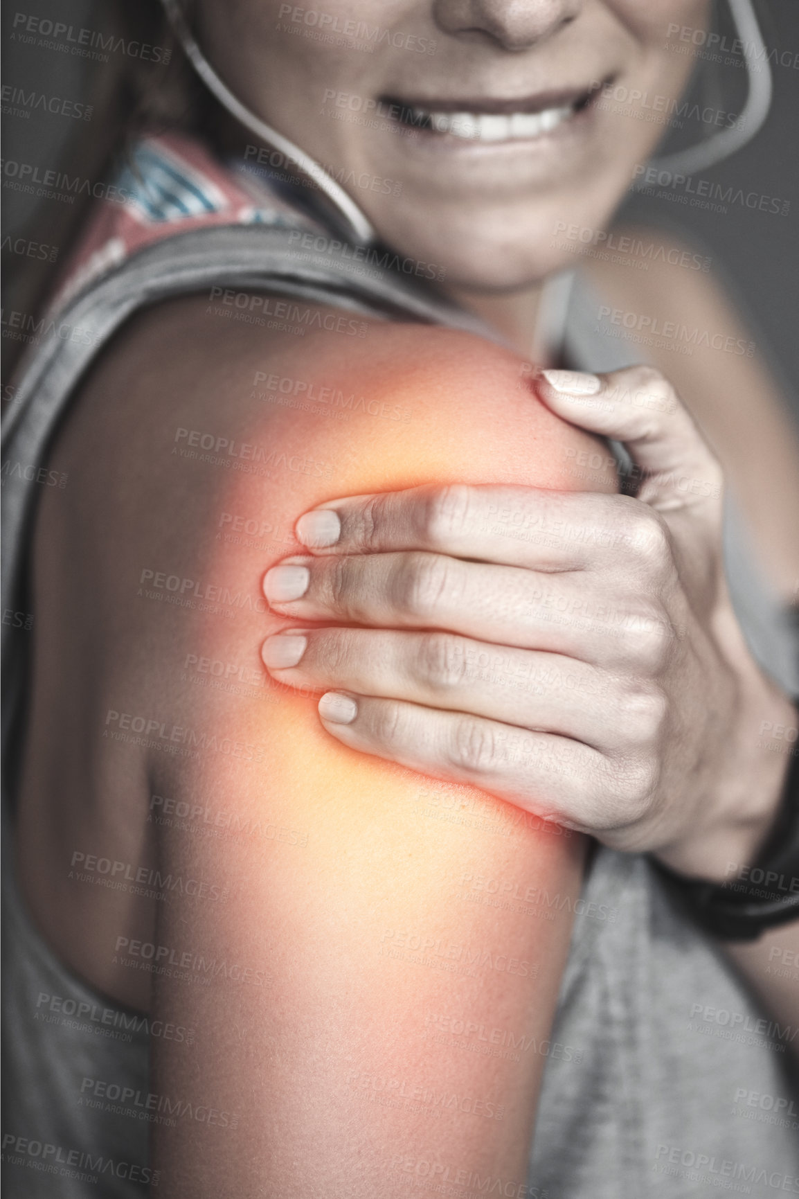 Buy stock photo Shoulder pain, woman and fitness with injury, sore or exercise with workout, broken or emergency. Closeup, person or girl with red highlight, medical or health issue with ache, bruise or inflammation