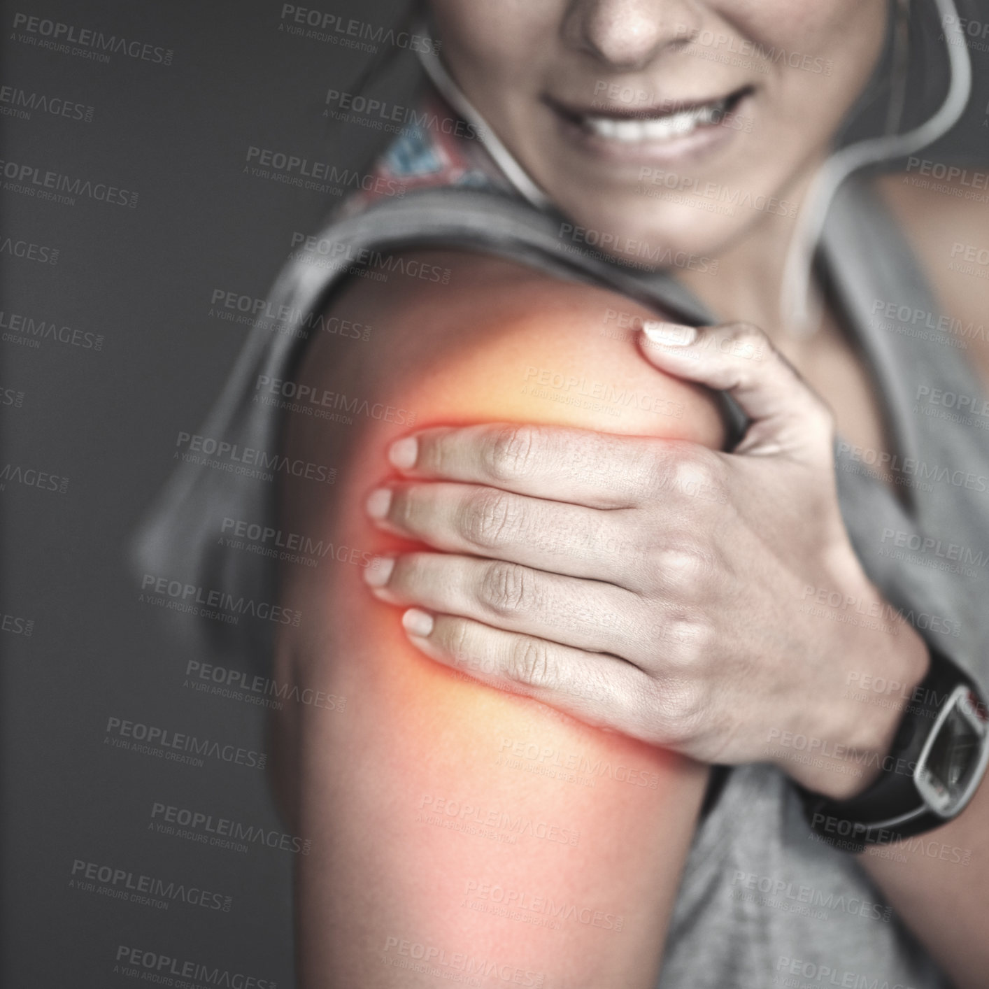 Buy stock photo Shoulder pain, woman and fitness with injury, accident and exercise with workout, runner or emergency. Closeup, person or girl with red highlight, medical and health issue with broken or inflammation