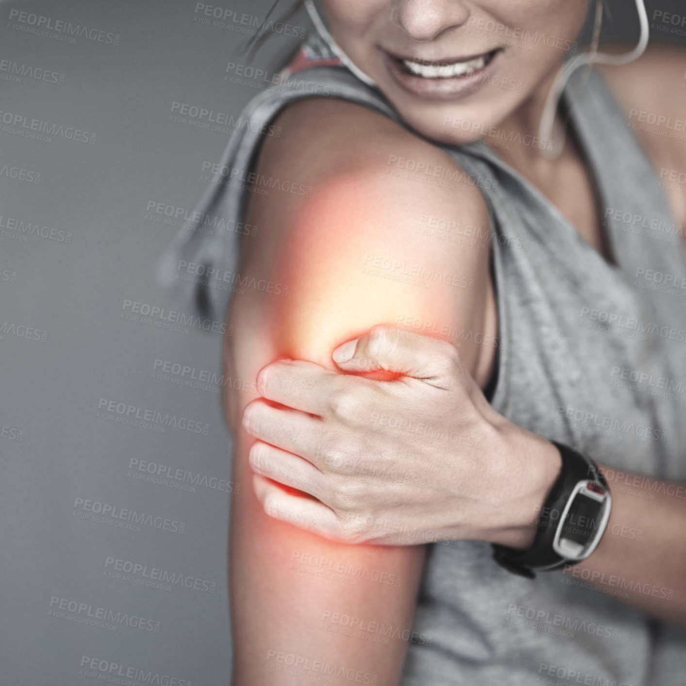 Buy stock photo Shoulder pain, woman and fitness with injury, broken and exercise with workout, inflammation and emergency. Closeup, person or girl with red highlight, medical or health issue with sports or accident