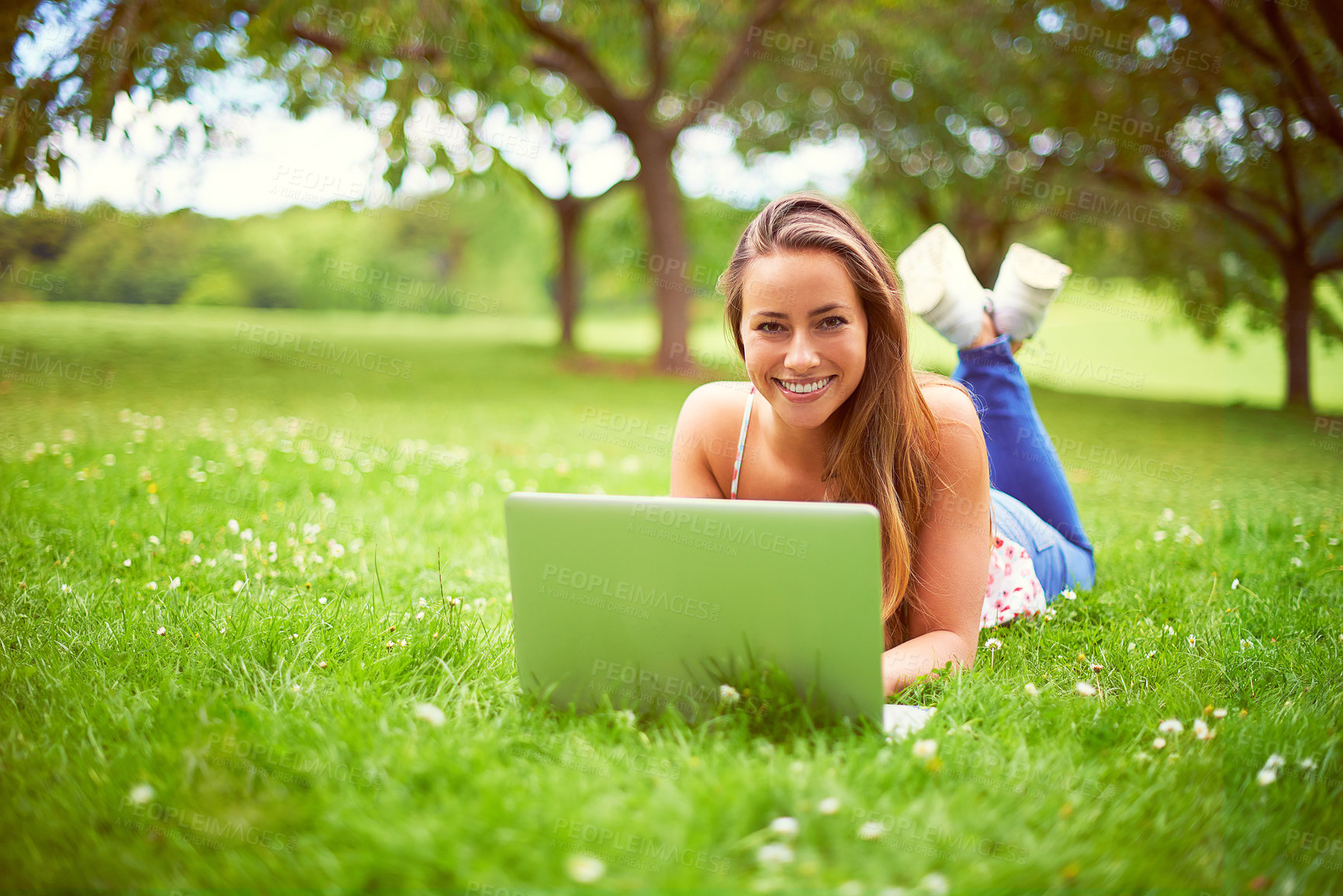 Buy stock photo Portrait, woman and laptop on grass for education, research and blog or website on campus. College student, technology and happy in backyard or garden for network, online and ebook for relax or study