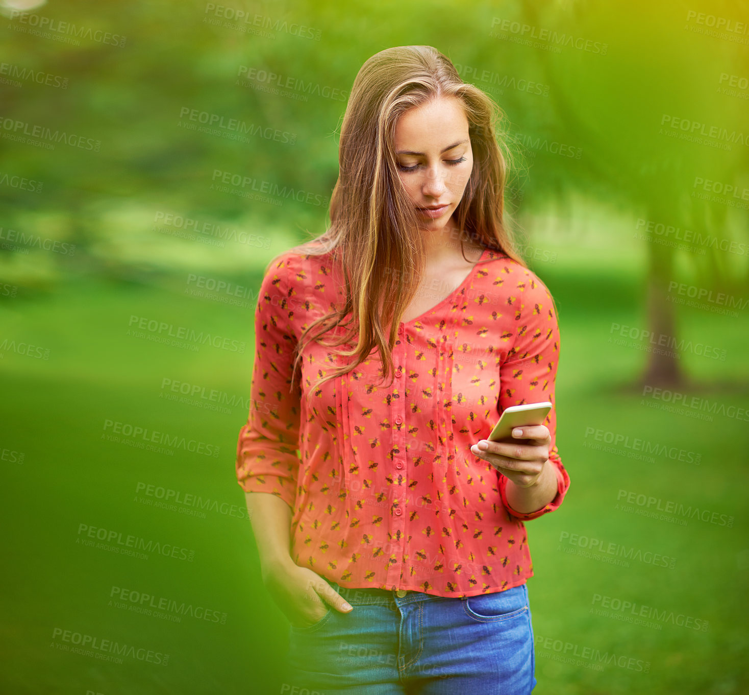 Buy stock photo Woman, phone and typing chat in countryside, walking and forest for communication app in outdoor. Female person, online and dating website user in nature, subscribe and create profile on internet