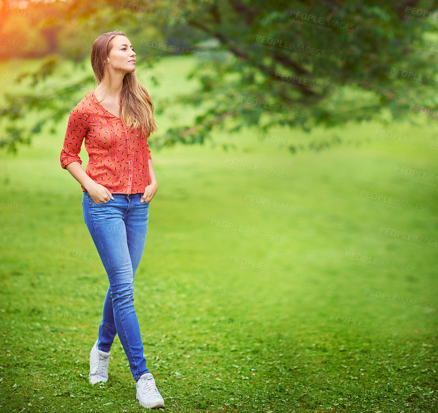 Buy stock photo Woman, thinking and walking in outdoor nature, holiday countryside and pondering in garden. Female person, daydreaming and relax in park for contemplating, vacation and travel for reflection on trip