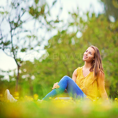 Buy stock photo Thinking, relax and woman on grass field, calm and ideas wellness break, vitamin D and comfort. Outdoor, person and girl with happiness, young and spring with inspiration, nature and rest in park