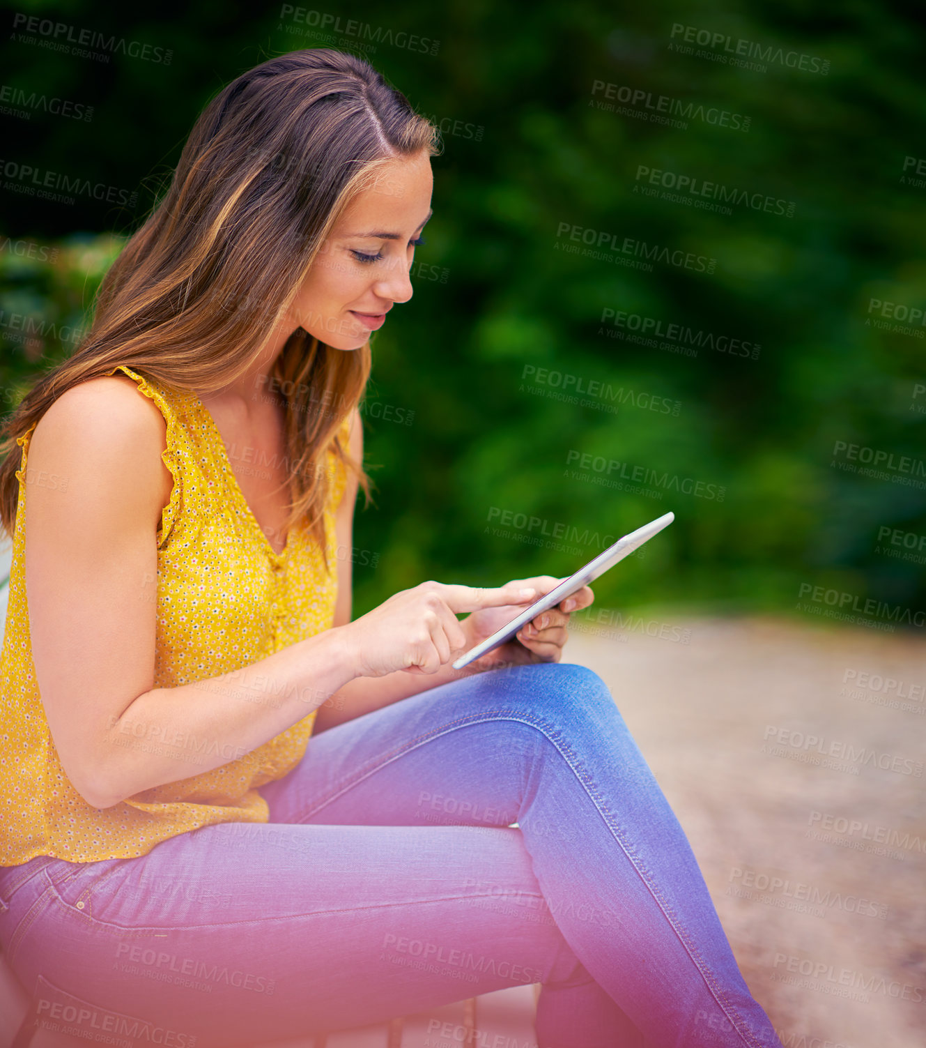 Buy stock photo Scroll, woman and tablet in park for reading, research and networking for school project. College student, happy and technology on campus or bench for social media, communication and online for ebook