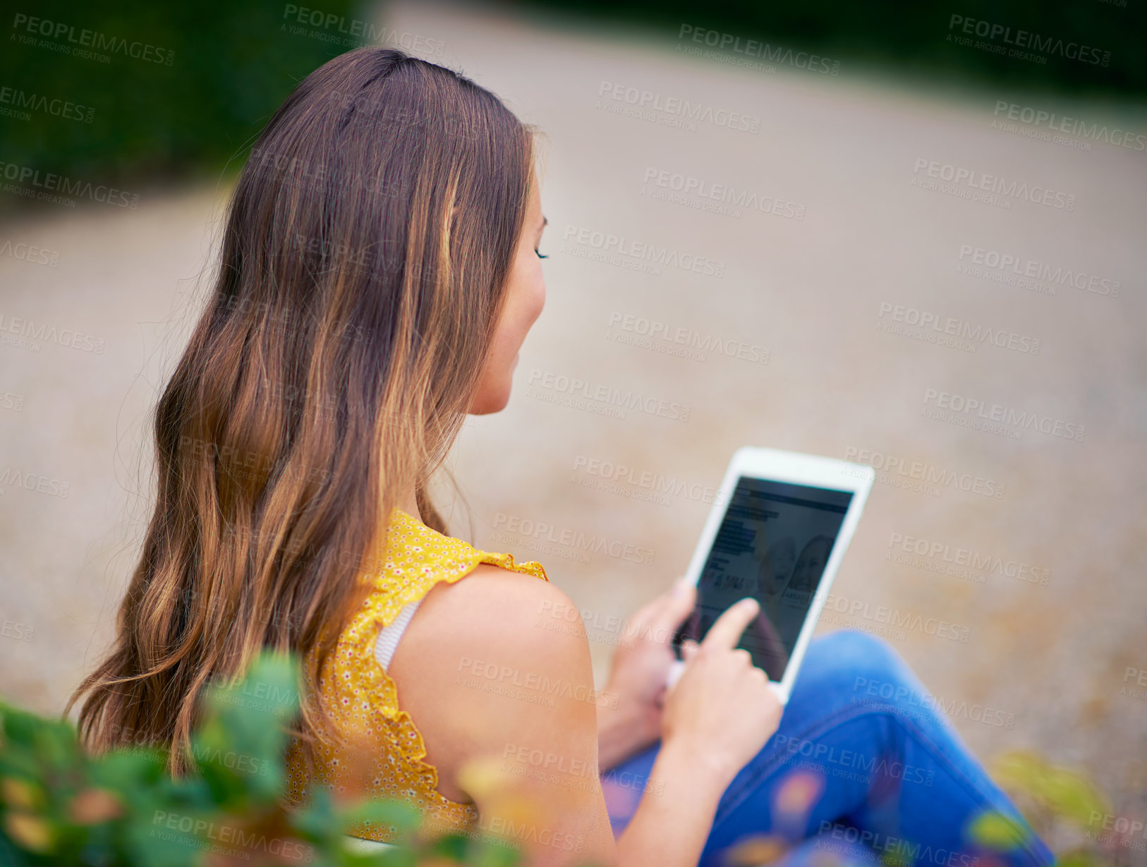 Buy stock photo Outdoor, woman and screen or tablet on bench for reading, research and networking or internet app. College student, streaming and technology in park for social media, connection or online for website