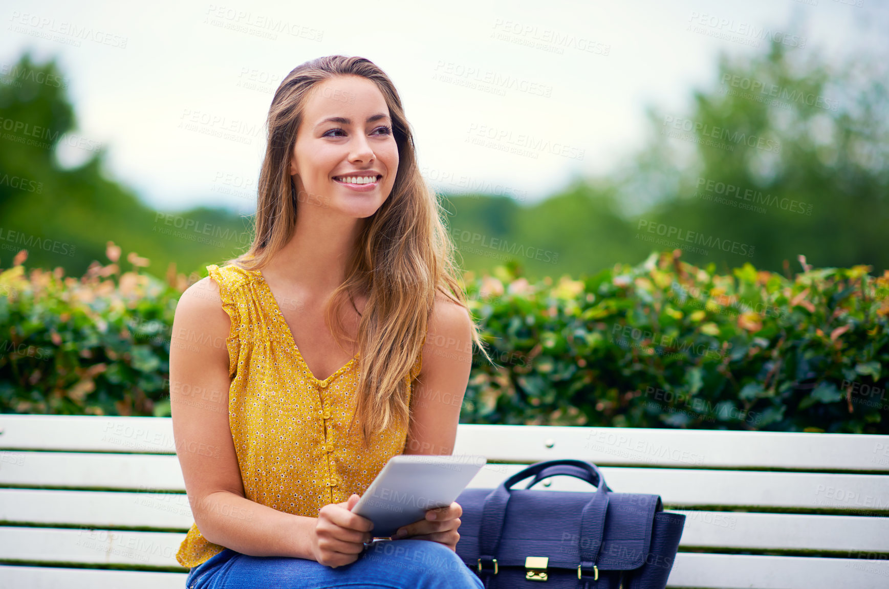 Buy stock photo Woman, park and thinking with tablet on social media or online dating for networking and fun. Female person, outdoor and happy with waiting for date on digital app for communication in New York