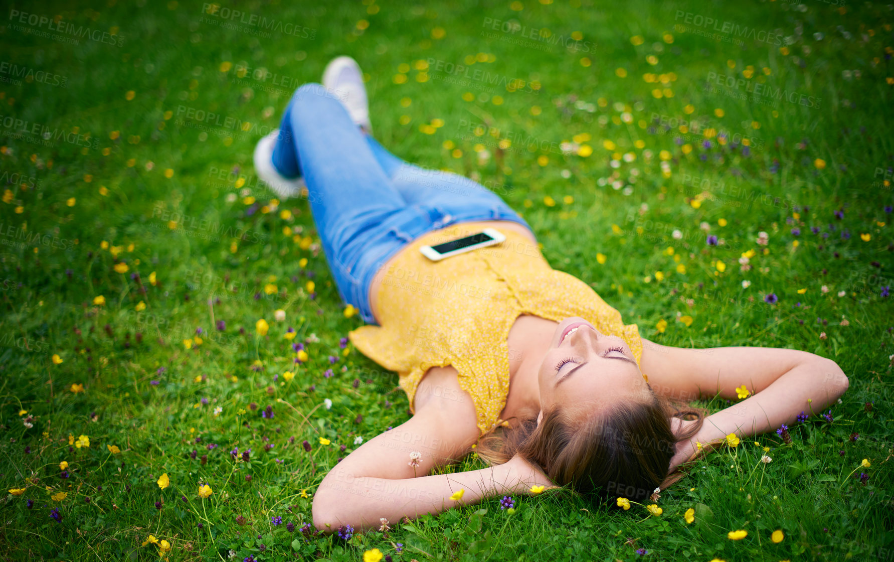 Buy stock photo Woman, relaxing and grass in park field, calm and happiness in spring for weekend break with student on holiday. Laying, sleep and resting in nature on ground, female person and peaceful outside