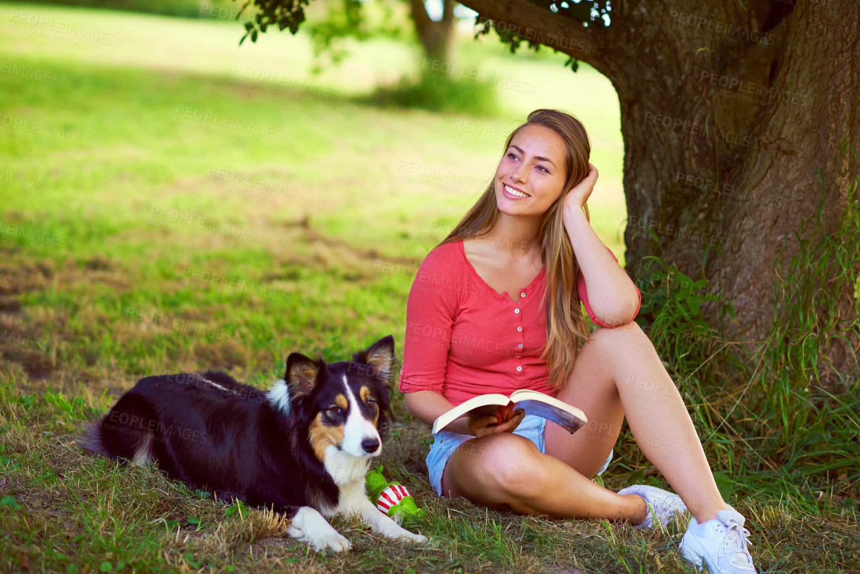 Buy stock photo Shot of a young woman reading a book while sitting with her dog under a tree