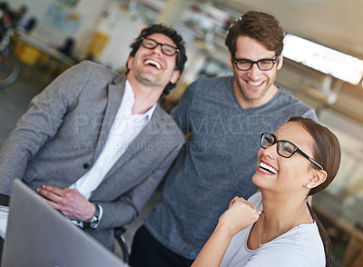 Buy stock photo Team, laptop and happiness in office with laughing, cheerful and happy for company as colleagues. Businesspeople, group and employees in workplace, corporate and technology for meeting or teamwork
